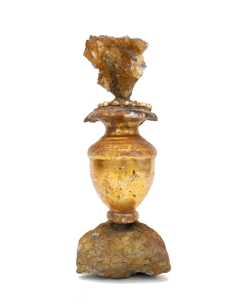 18th century Italian mecca vase with fluorite and baroque pearls on a chalcopyrite base.