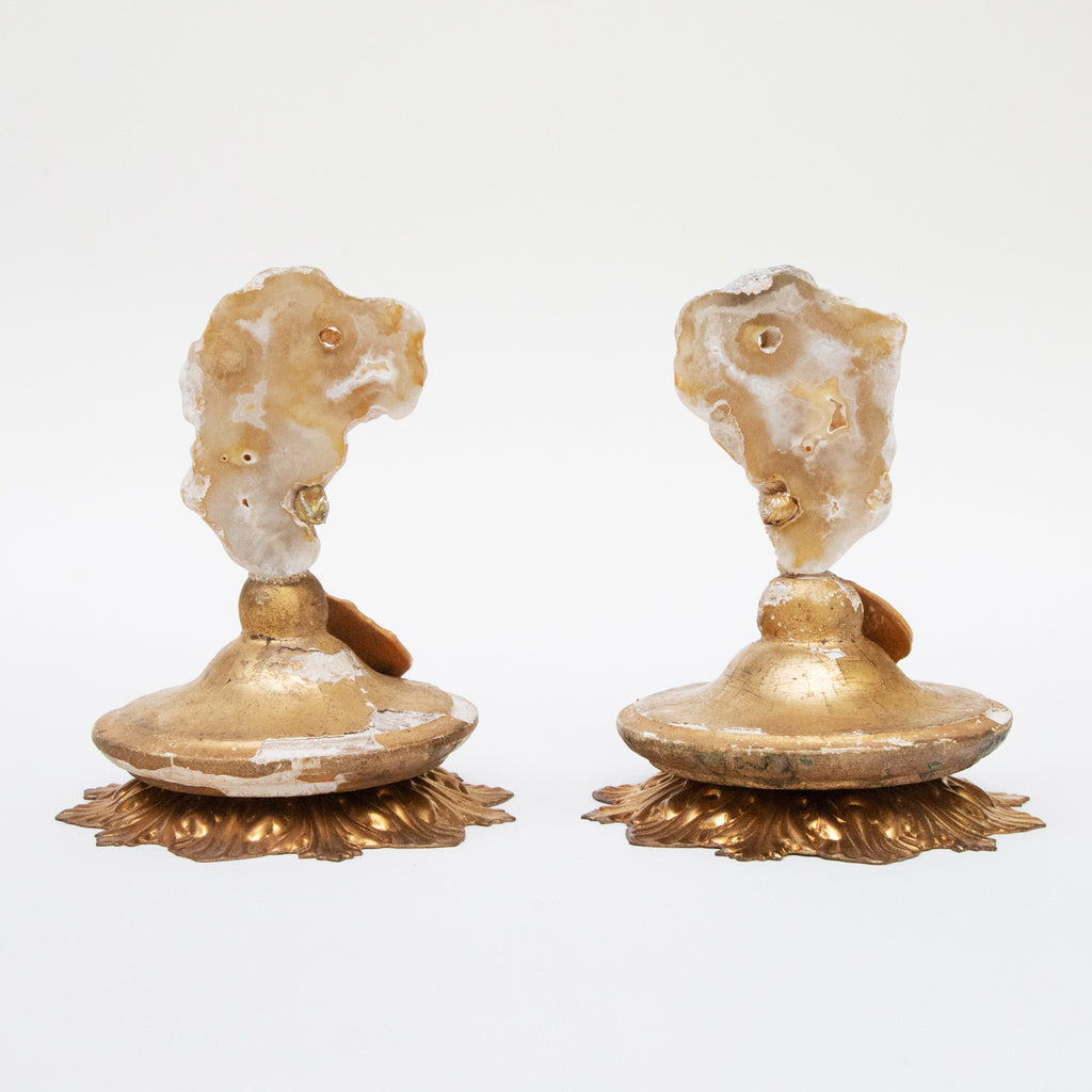 A pair of 18th-century Italian candlestick tops, with polished agate coral and a baroque pearl.