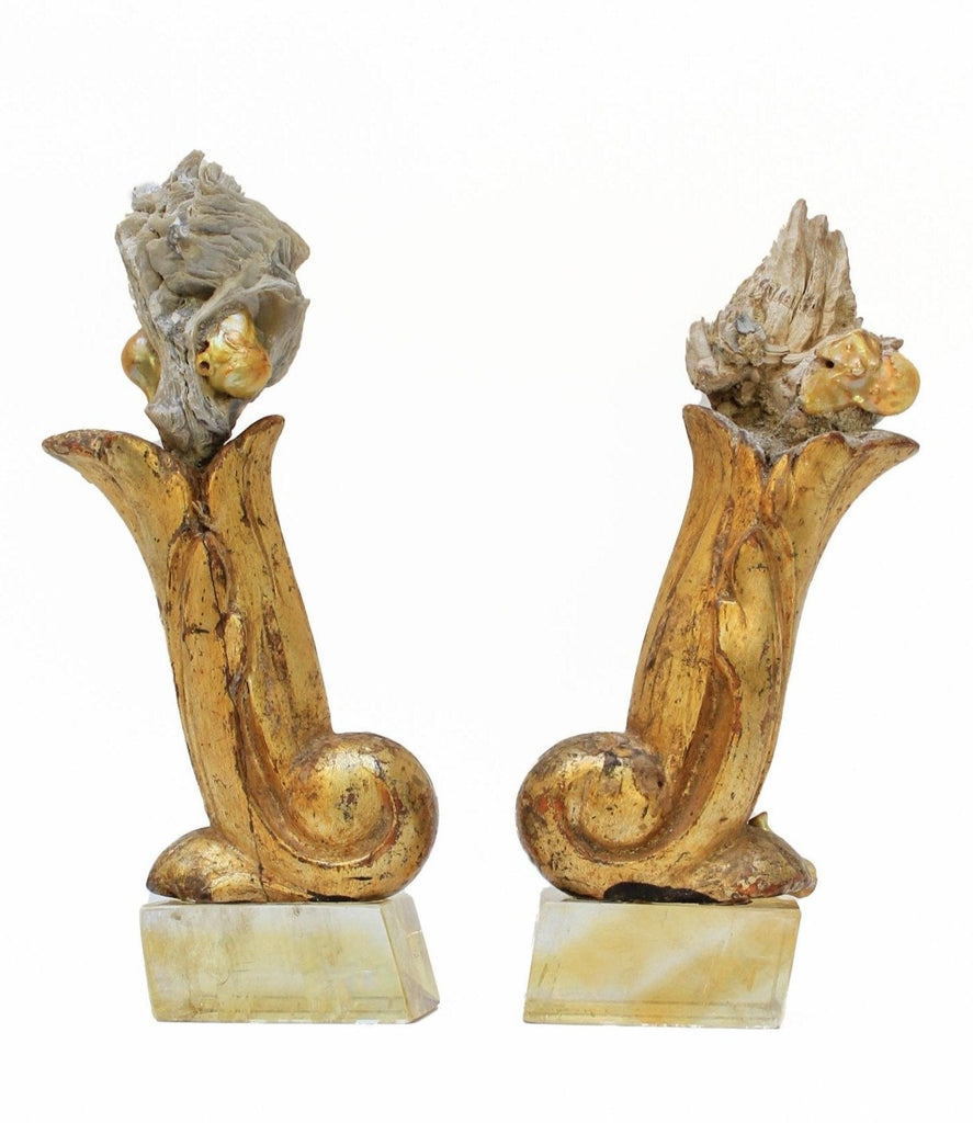 Pair of 18th century Italian gold-leaf fragments adorned with an oyster shell and natural-forming baroque pearls on a lucite base. 