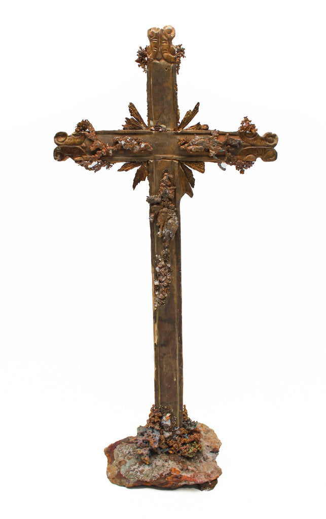 <span data-mce-fragment="1">18th century Italian cross adorned with native copper with crystals from White Pine Mine, Michigan and copper-plated kyanite.&nbsp;</span>The crucifix originally came from a church in Tuscany.&nbsp;