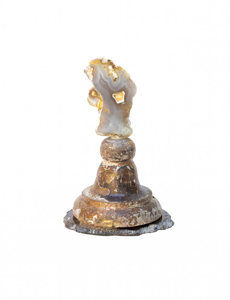 18th-century Italian candlestick top with polished agate coral & baroque pearl and sits on a polished agate base.