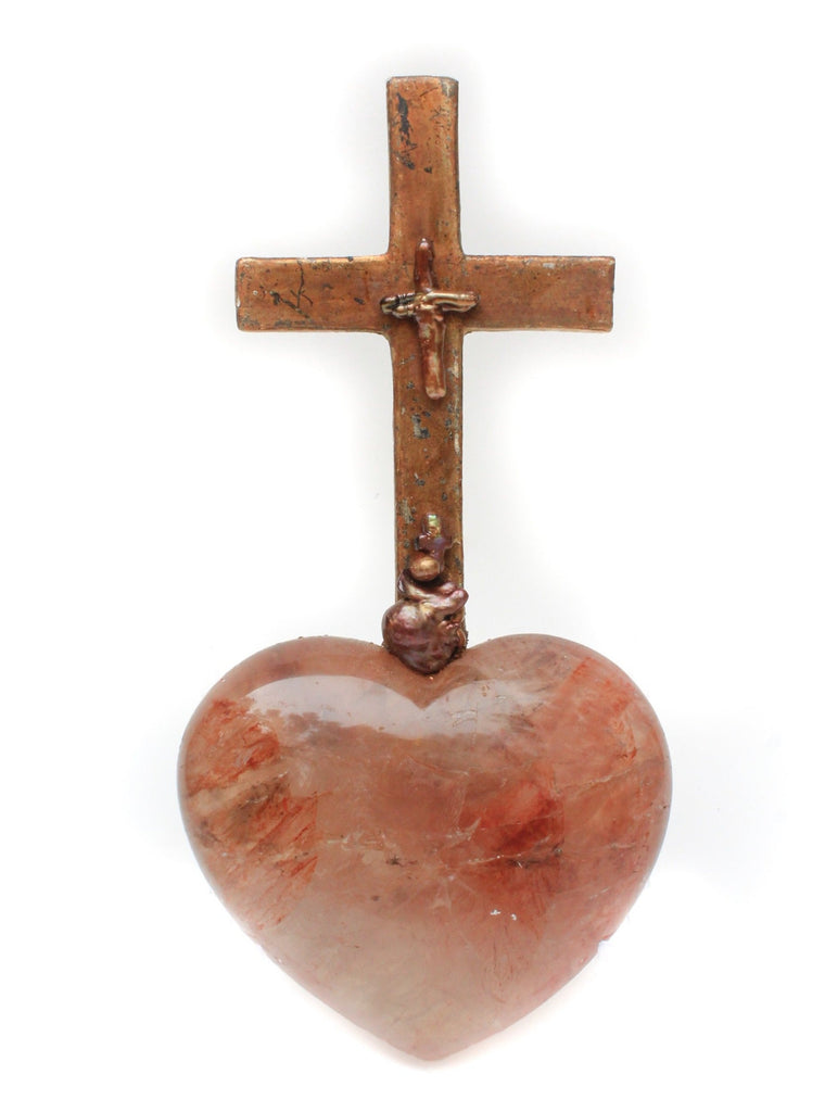 18th century Italian cross mounted on a red hematoid heart and adorned with natural-forming baroque pearls and a cross-shaped baroque pearl. The piece is inspired by "The Sacred Heart" in Catholic art history which symbolizes God's unconditional love for mankind.