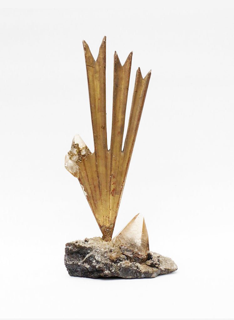 18th century Italian sunburst decorated with calcite crystals on a calcite crystal base in matrix of sphalerite.