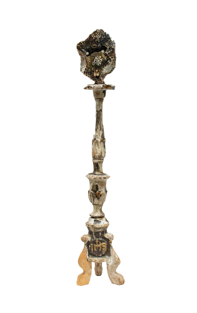 17th century Italian gold leaf and painted candlestick with agate coral and baroque pearls.
