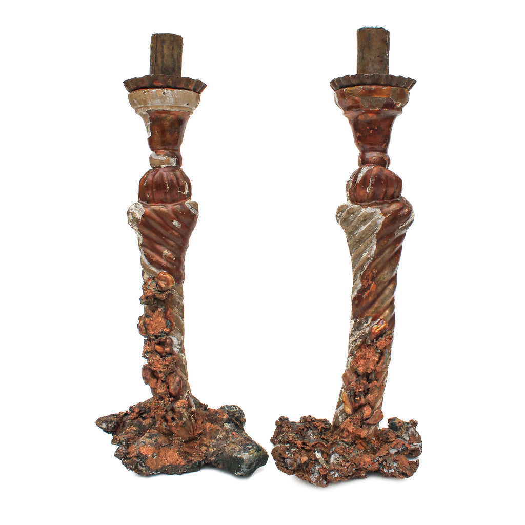 Pair of 18th century Italian scroll candlesticks adorned with natural forming copper and mounted on copper in matrix.