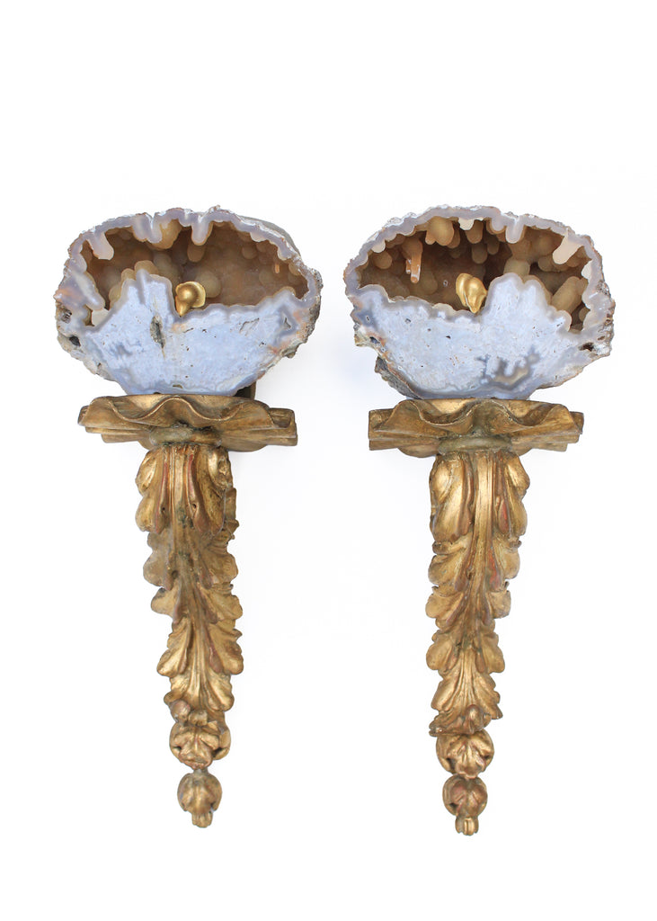 Pair of 18th century Irish Georgian sconces with agate coral and coordinating gold leaf baroque pearl.